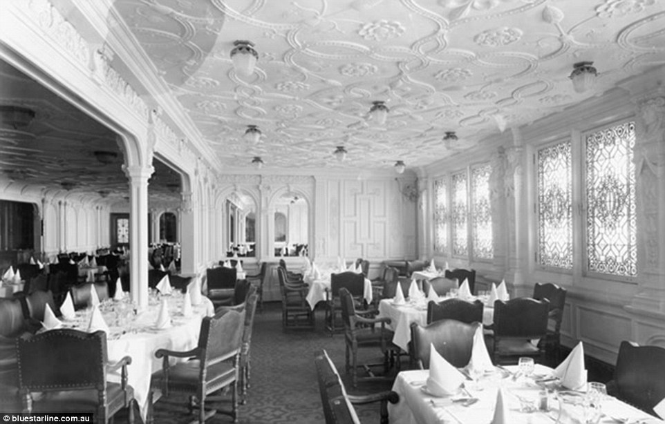 With white panelling throughout, the first class dining room was nearly 115ft long and spanned the entire width of the ship